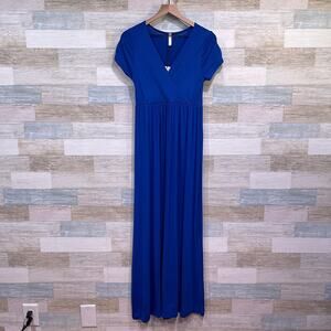 MOTHER BEE Empire Wrap Maternity Dress Blue Stretch Jersey Knit Womens Medium